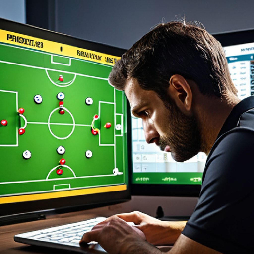 **

A football manager intently studying a tactics board, illuminated by a laptop screen showing player stats. The background features trophies and motivational quotes written in Spanish. Emphasize a serious, analytical atmosphere. The board should display a flexible formation, hinting at adaptability.

**