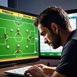 **

A football manager intently studying a tactics board, illuminated by a laptop screen showing player stats. The background features trophies and motivational quotes written in Spanish. Emphasize a serious, analytical atmosphere. The board should display a flexible formation, hinting at adaptability.

**