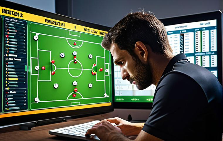 **
A football manager intently studying a tactics board, illuminated by a laptop screen showing player stats. The background features trophies and motivational quotes written in Spanish. Emphasize a serious, analytical atmosphere. The board should display a flexible formation, hinting at adaptability.
**